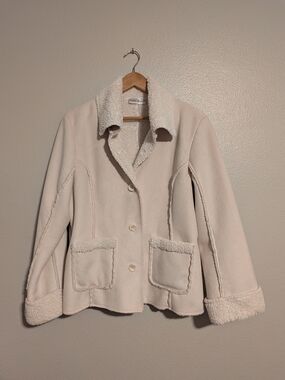 Women's Large Faux‎ Suede Sherpa Lined Jacket Coat Cream Beige Boho
